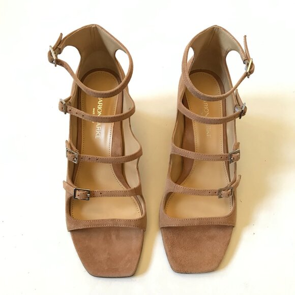NEW Marion Parke Francine Sandals Heels Womens 37 7 Caramel Tan Suede Buckle NEW - Picture 3 of 12
